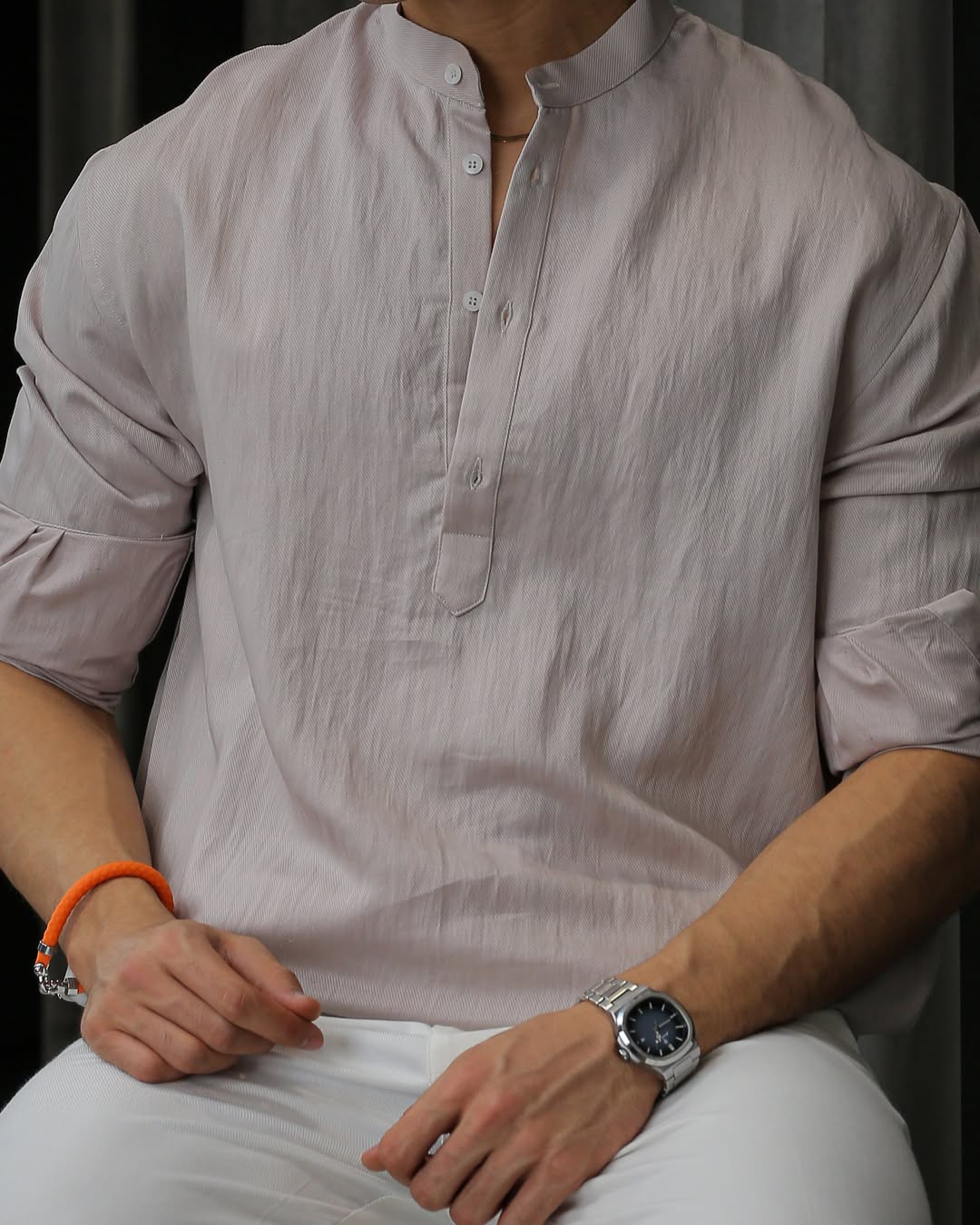Men's Textured Band Collar Half Placket Long Sleeve Pullover Shirt