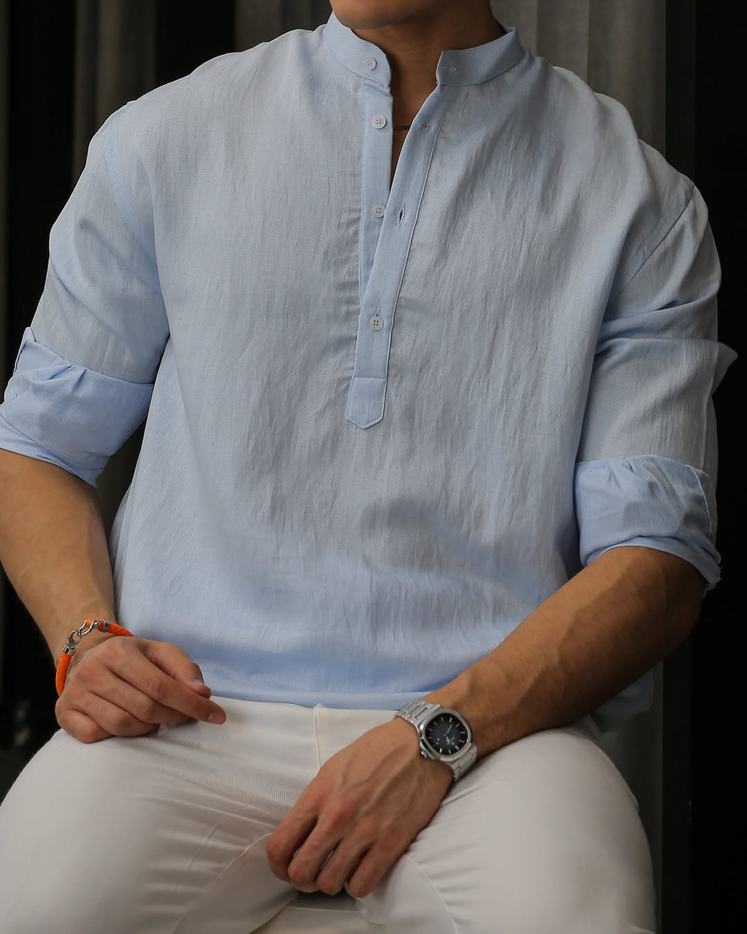 Men's Textured Band Collar Half Placket Long Sleeve Pullover Shirt