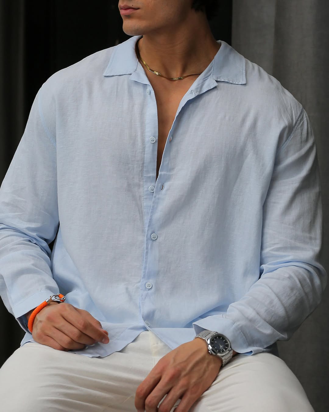 Men's Lightweight Textured Open Collar Long Sleeve Button Down Shirt