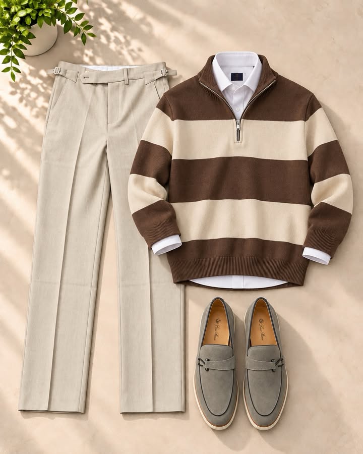 Men's Classic Stripe Quarter-Zip Ribbed Knit Sweater & Pants 2-Piece Set