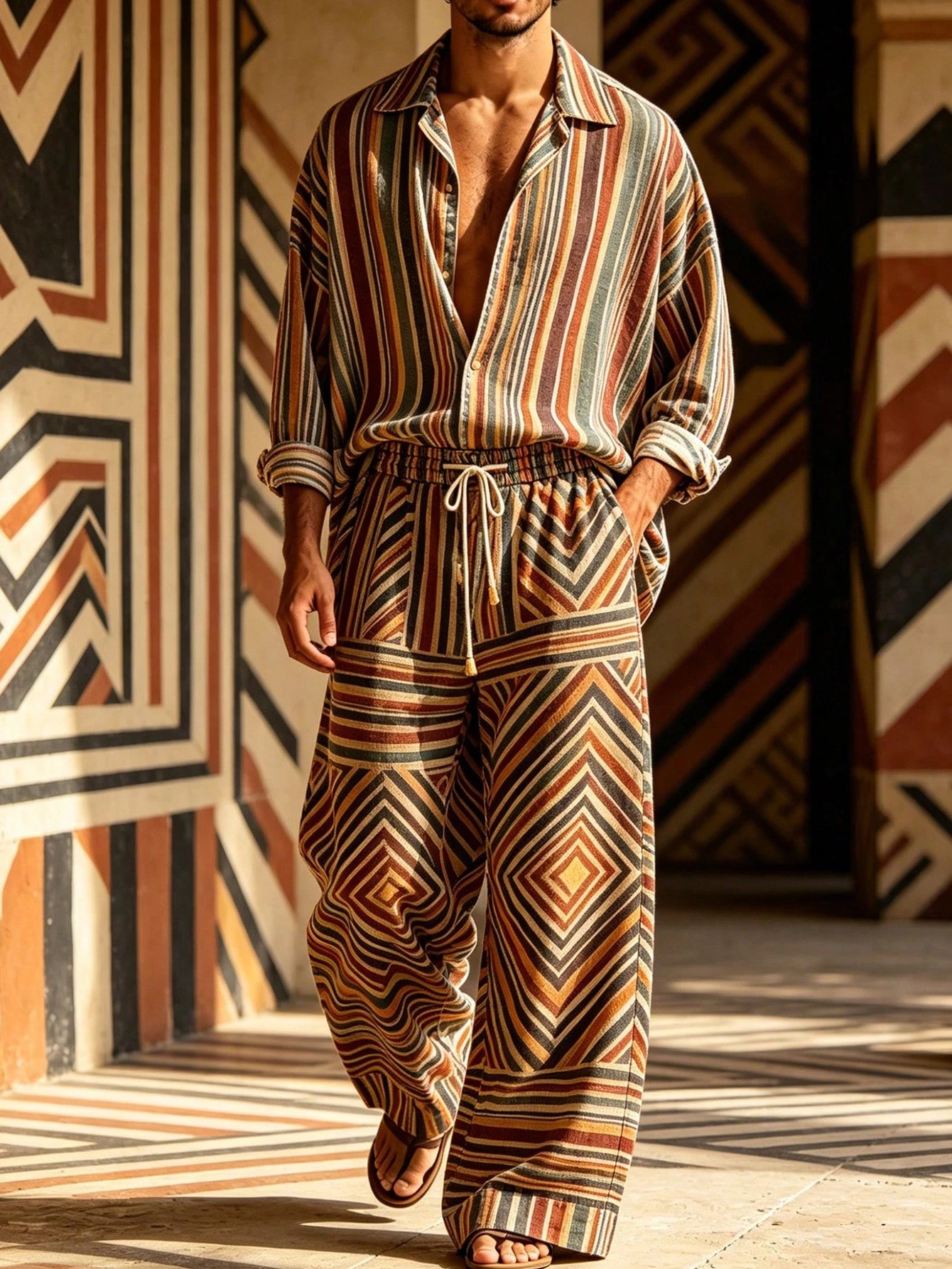 Men‘s Retro Digital Print Men's Casual Suit, All-Season Loose Fit Collared Shirt And Wide-Leg Trousers