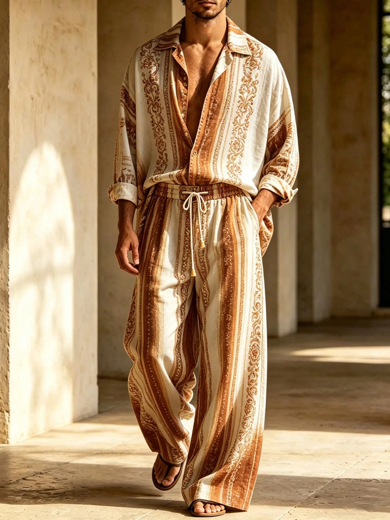 Men's Casual Loose-Fitting Long-Sleeve Shirt With A Turn-Down Collar And Wide-Leg Pant