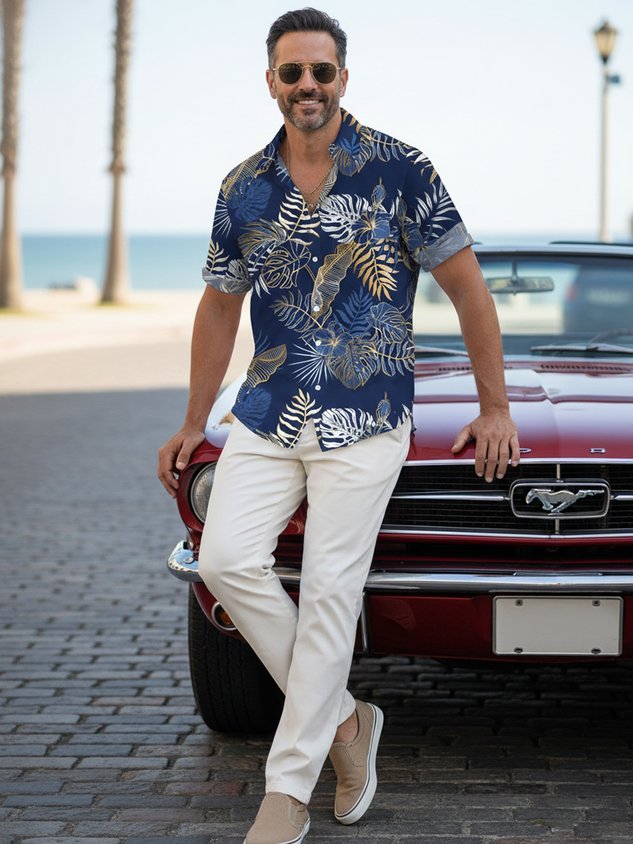 FIP  Hawaiian Plant Golden Leaves 3D Print Men's Button Pocket Short Sleeve Shirt