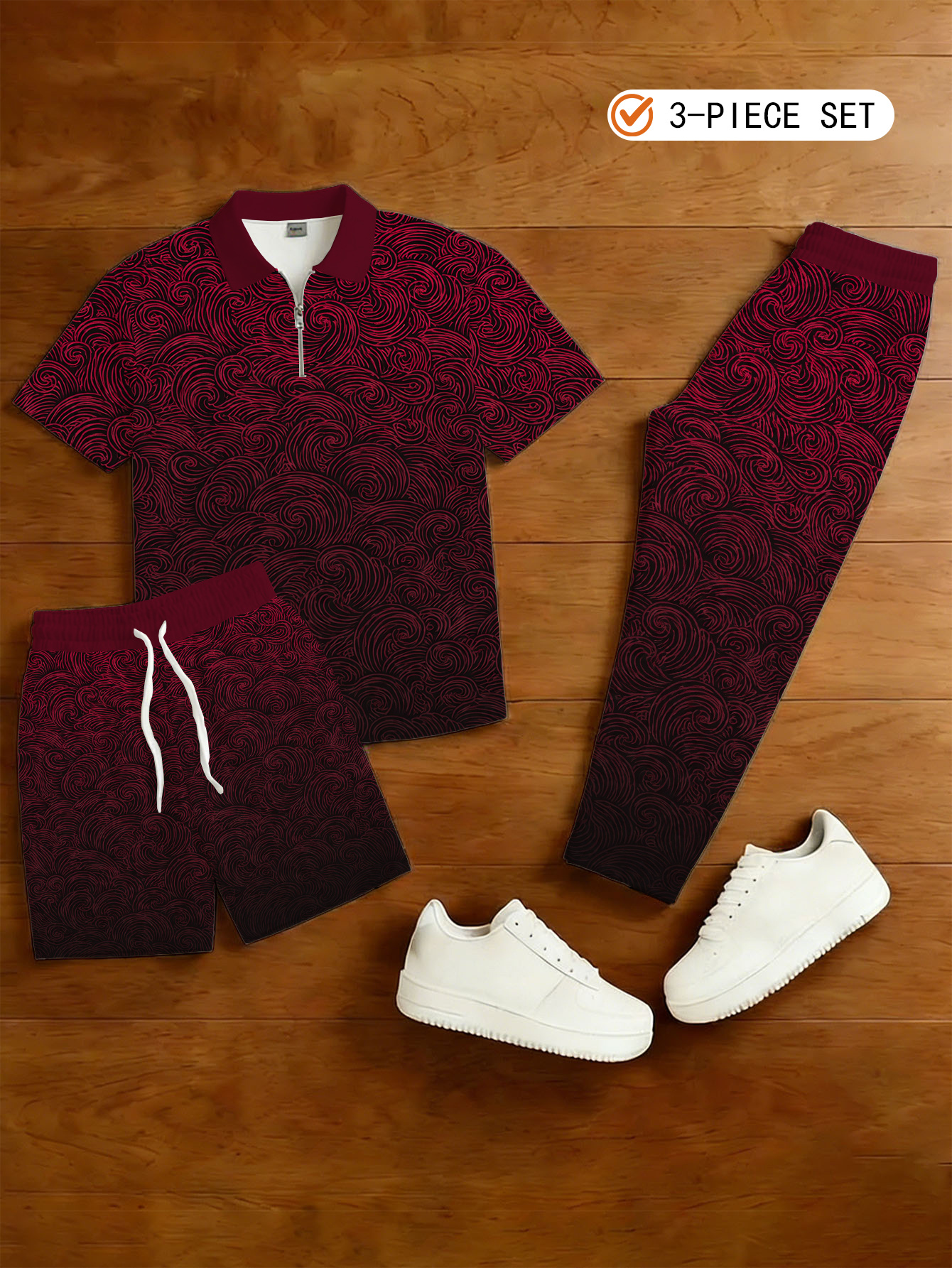 Men's Casual Gray & Black Color Matching Vintage Style Checkered Printed Zipper Short Sleeved Polo Shirt & Trousers  & Shorts 3Pcs