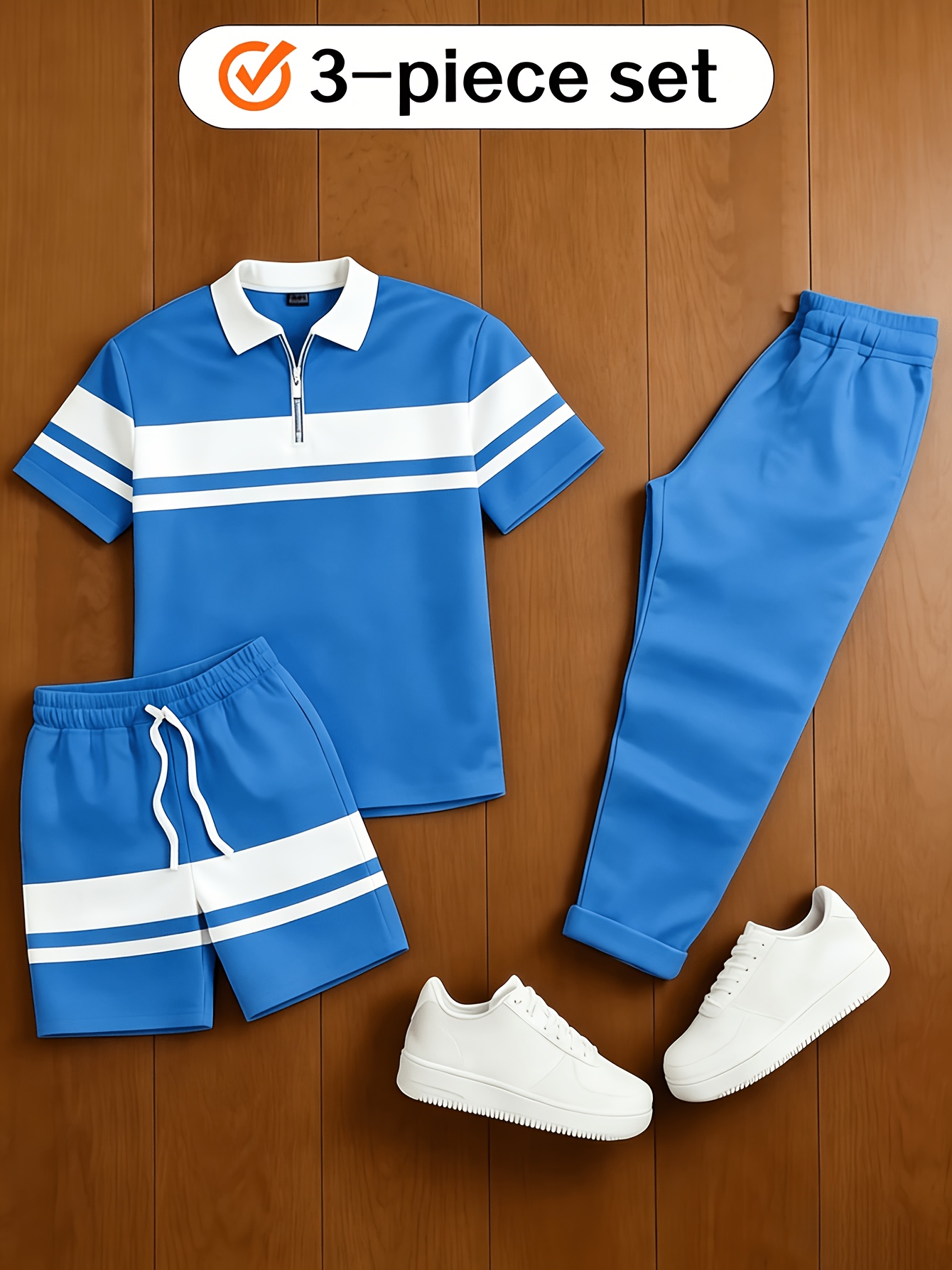 Men's Casual  Matching Vintage Style Checkered Printed Zipper Short Sleeved Polo Shirt & Trousers  & Shorts 3Pcs