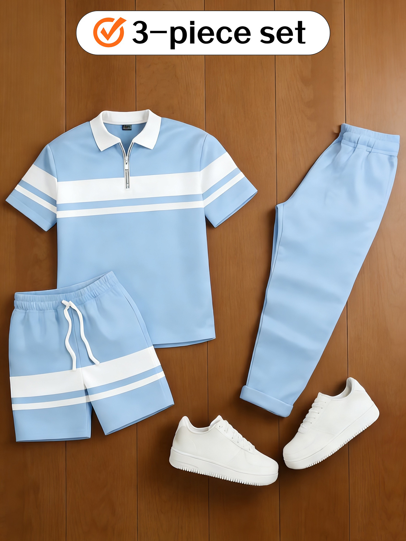 Men's Casual  Matching Vintage Style Checkered Printed Zipper Short Sleeved Polo Shirt & Trousers  & Shorts 3Pcs