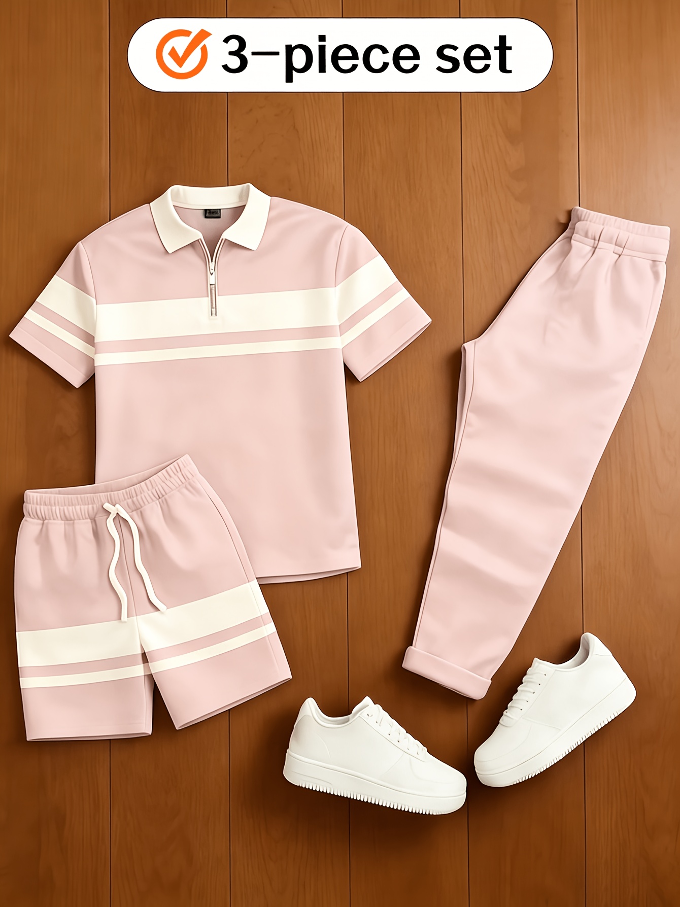 Men's Casual  Matching Vintage Style Checkered Printed Zipper Short Sleeved Polo Shirt & Trousers  & Shorts 3Pcs