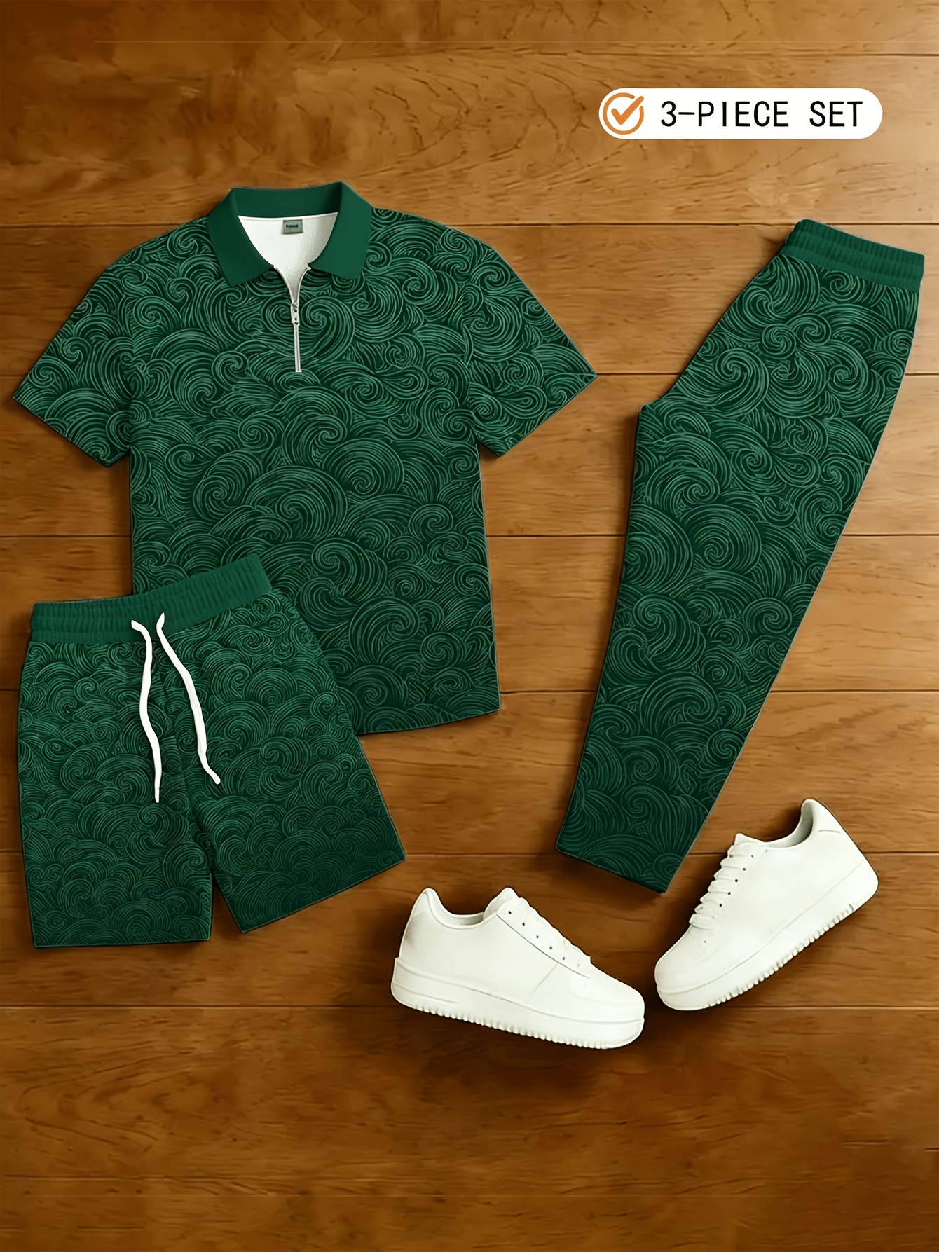 Men's Casual Gray & Black Color Matching Vintage Style Checkered Printed Zipper Short Sleeved Polo Shirt & Trousers  & Shorts 3Pcs