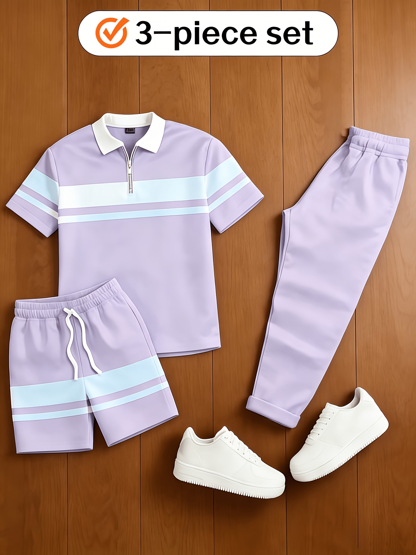 Men's Casual  Matching Vintage Style Checkered Printed Zipper Short Sleeved Polo Shirt & Trousers  & Shorts 3Pcs