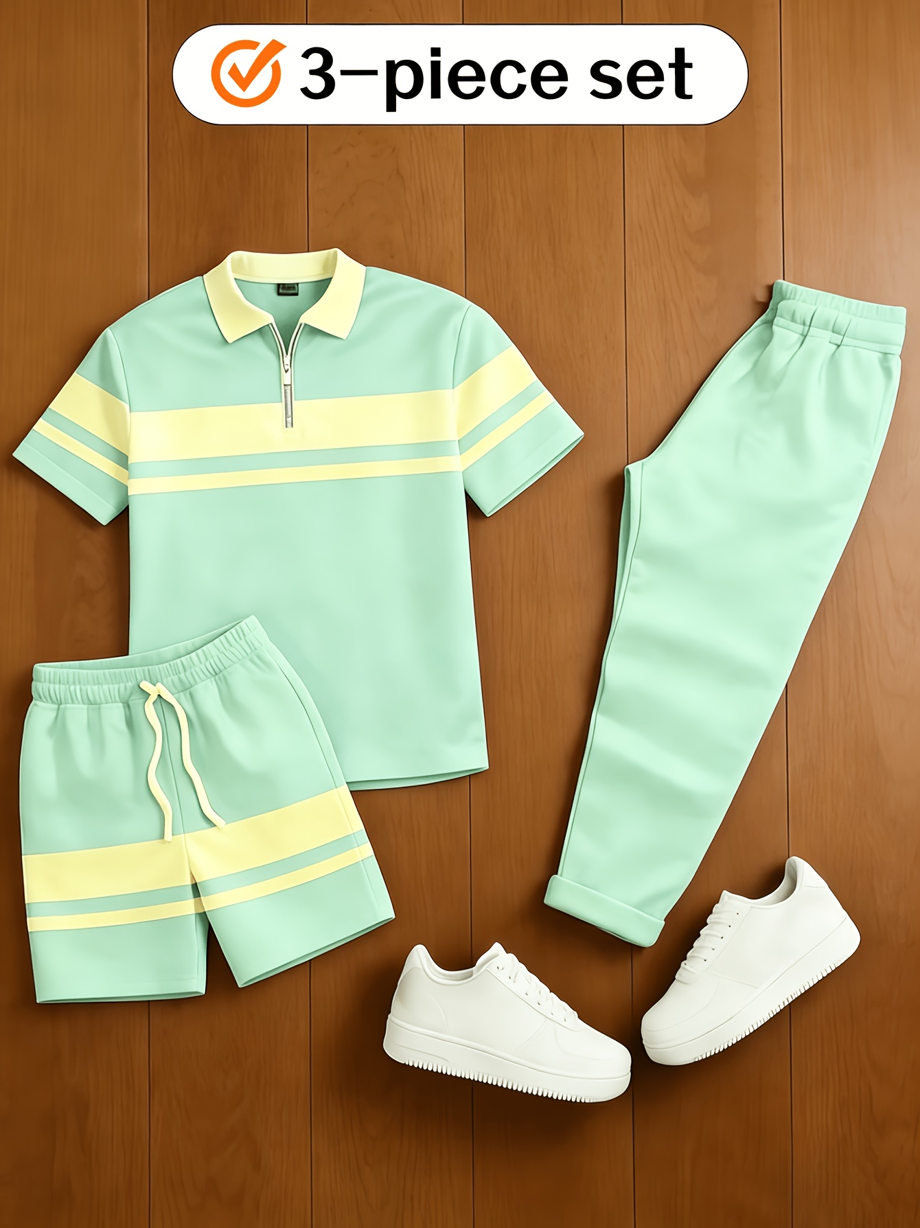 Men's Casual  Matching Vintage Style Checkered Printed Zipper Short Sleeved Polo Shirt & Trousers  & Shorts 3Pcs