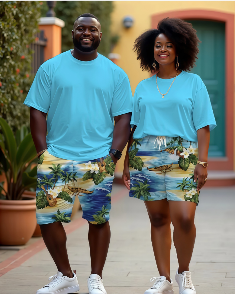 Valentine's Day Blue Short Sleeve T-Shirt Shorts Suit Large