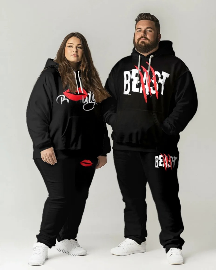 Couples Fashion Casual Plus Size Beauty And Beast Letter Print Hoodie Suit