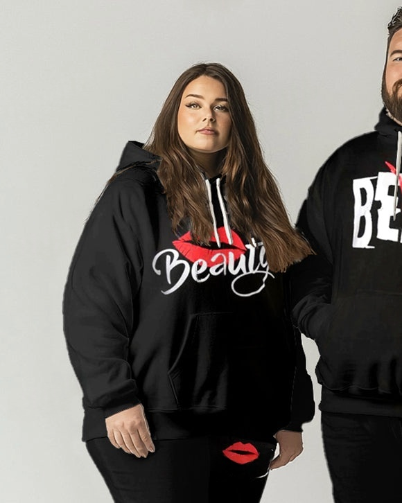Couples Fashion Casual Plus Size Beauty And Beast Letter Print Hoodie Suit