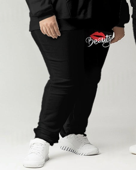 Couples Fashion Casual Plus Size Beauty And Beast Letter Print Hoodie Suit