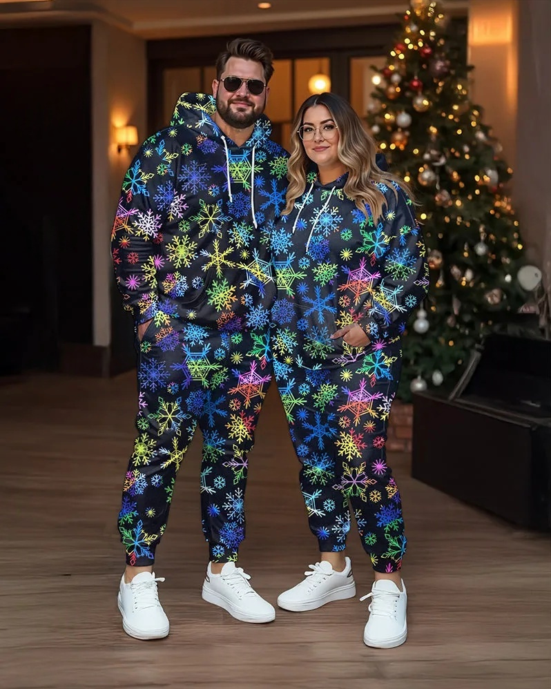 Couple Fashion Casual Plus Size Christmas Colorful Snowflake Hoodie Suit