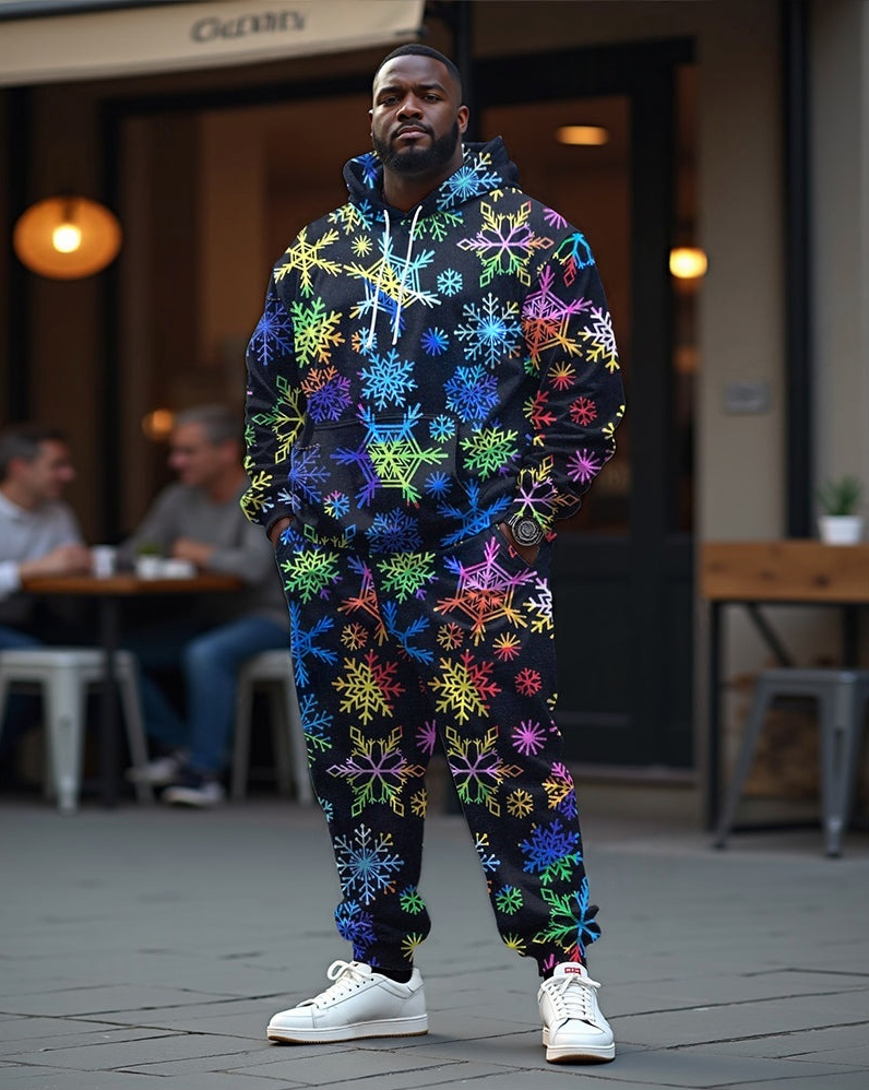 Couple Fashion Casual Plus Size Christmas Colorful Snowflake Hoodie Suit