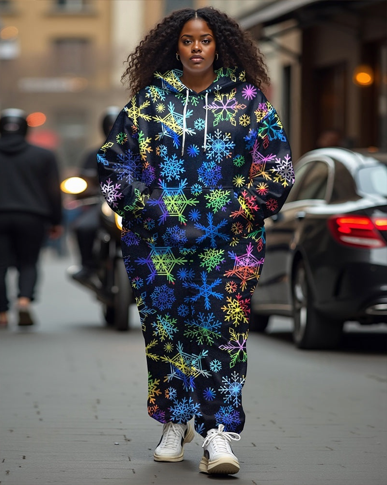 Couple Fashion Casual Plus Size Christmas Colorful Snowflake Hoodie Suit