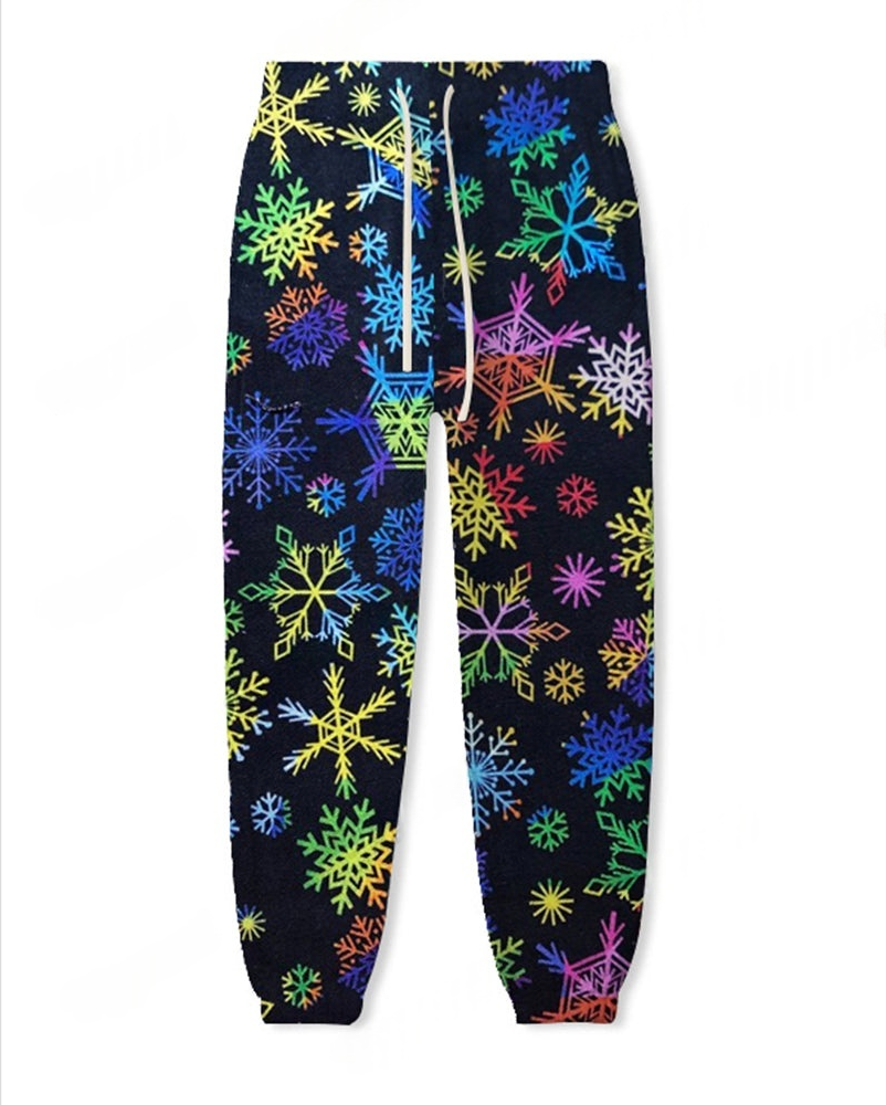 Couple Fashion Casual Plus Size Christmas Colorful Snowflake Hoodie Suit