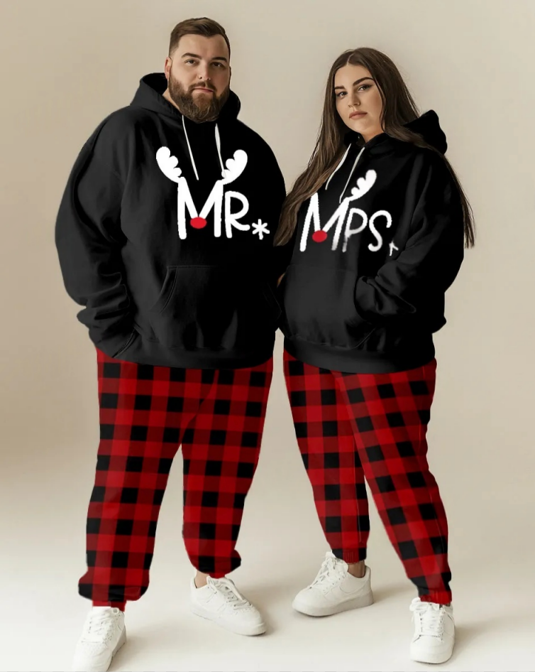 Couple Fashion Casual Big and Tall Simple Plaid Christmas Letter Print Hoodie Set