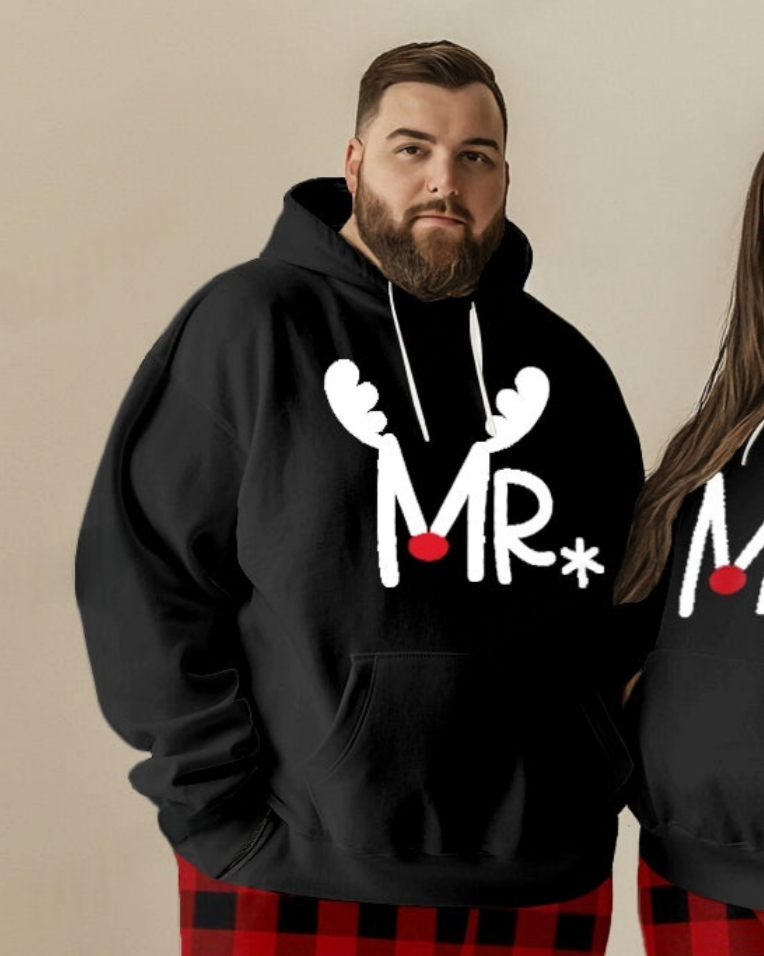 Couple Fashion Casual Big and Tall Simple Plaid Christmas Letter Print Hoodie Set