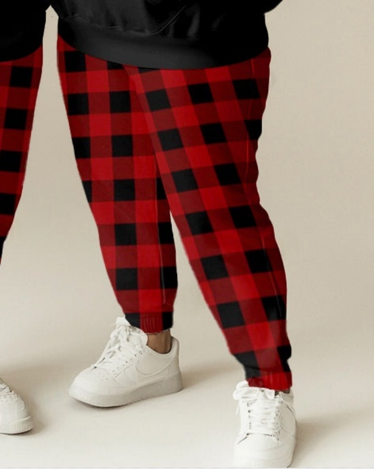 Couple Fashion Casual Big and Tall Simple Plaid Christmas Letter Print Hoodie Set