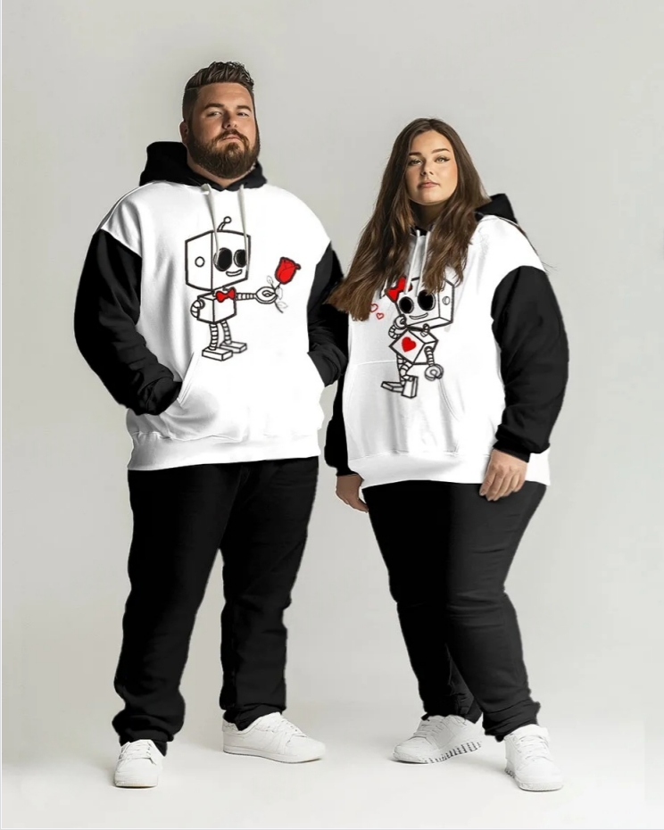 Couple Fashion Casual Big & Tall Robot Lover Printed Hoodie Set
