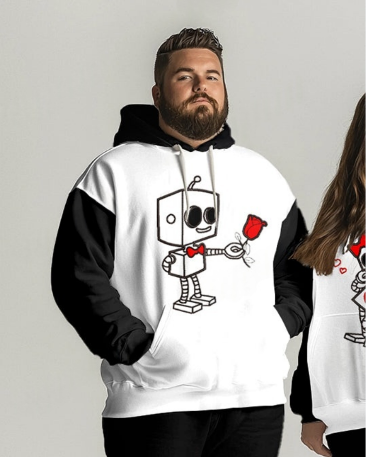 Couple Fashion Casual Big & Tall Robot Lover Printed Hoodie Set