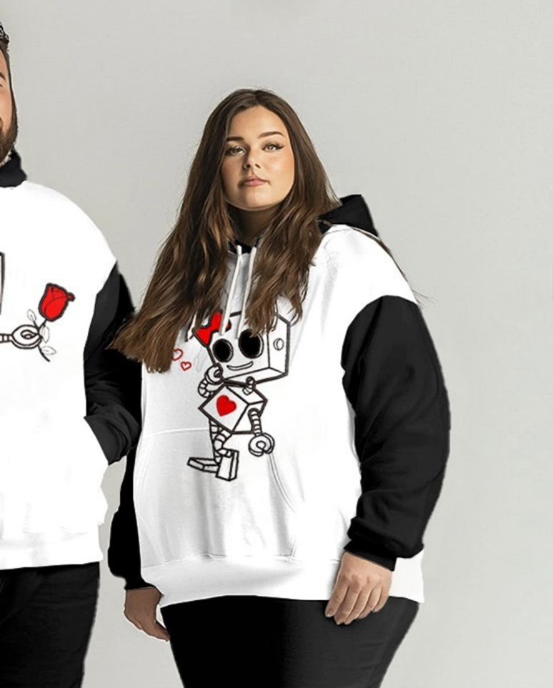 Couple Fashion Casual Big & Tall Robot Lover Printed Hoodie Set