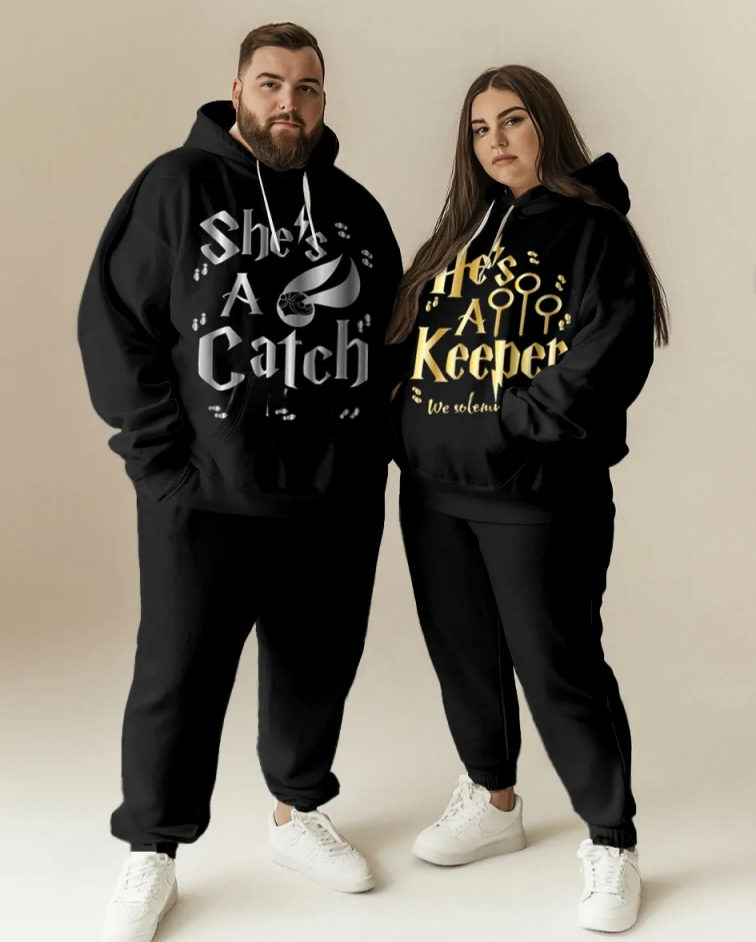 Couple Fashion Casual Plus Size Suit Keeper And Catch Letter Print Hoodie Suit