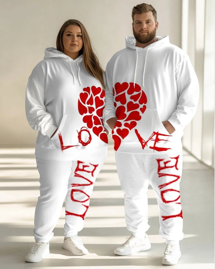 Couple Fashion Casual Plus Size Patchwork Love Printed Hoodie Suit