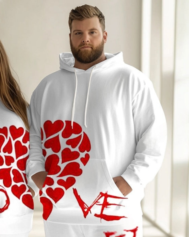 Couple Fashion Casual Plus Size Patchwork Love Printed Hoodie Suit