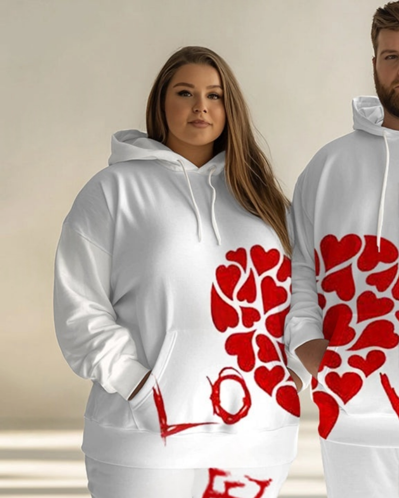 Couple Fashion Casual Plus Size Patchwork Love Printed Hoodie Suit