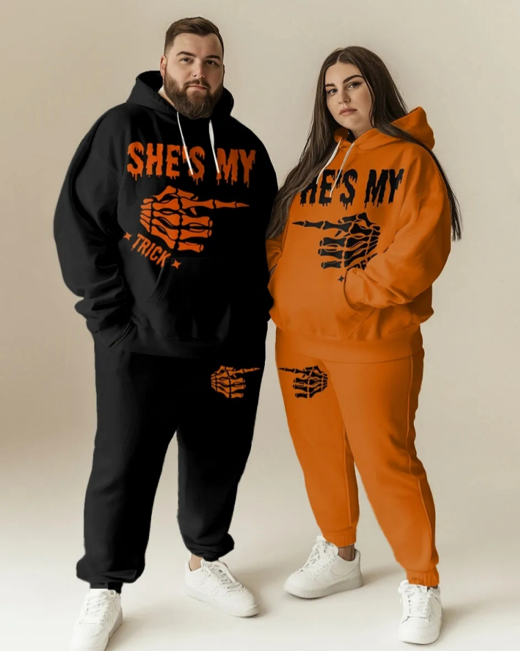Couple Fashion Casual Plus Size Suit Skull Pointing Print Hoodie Suit