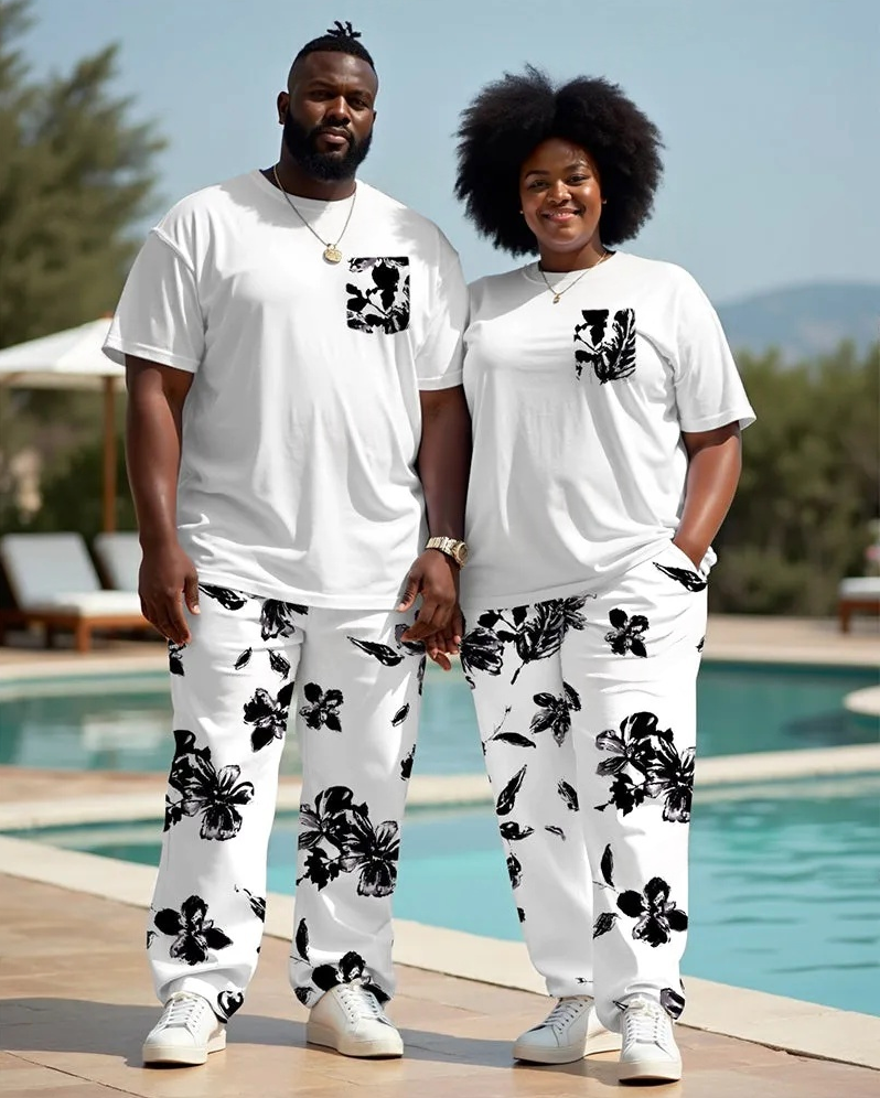 Couple's Signature Chest Flower T-Shirt Pants Suit Large
