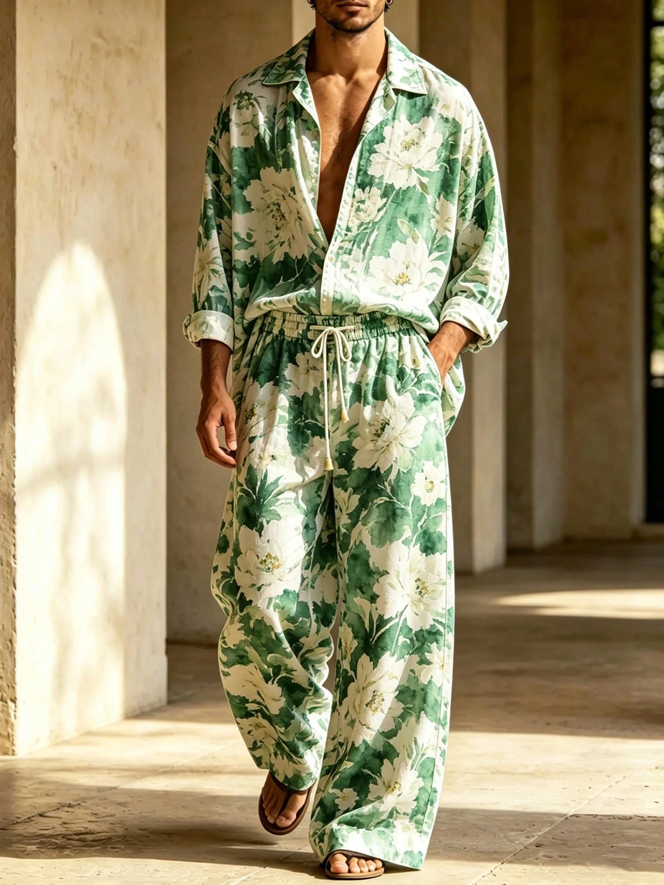 Men's Floral Print Casual Two-Piece Set_ Loose Fit Long-Sleeve Shirt With Turn-Down Collar And Wide-Leg Trousers