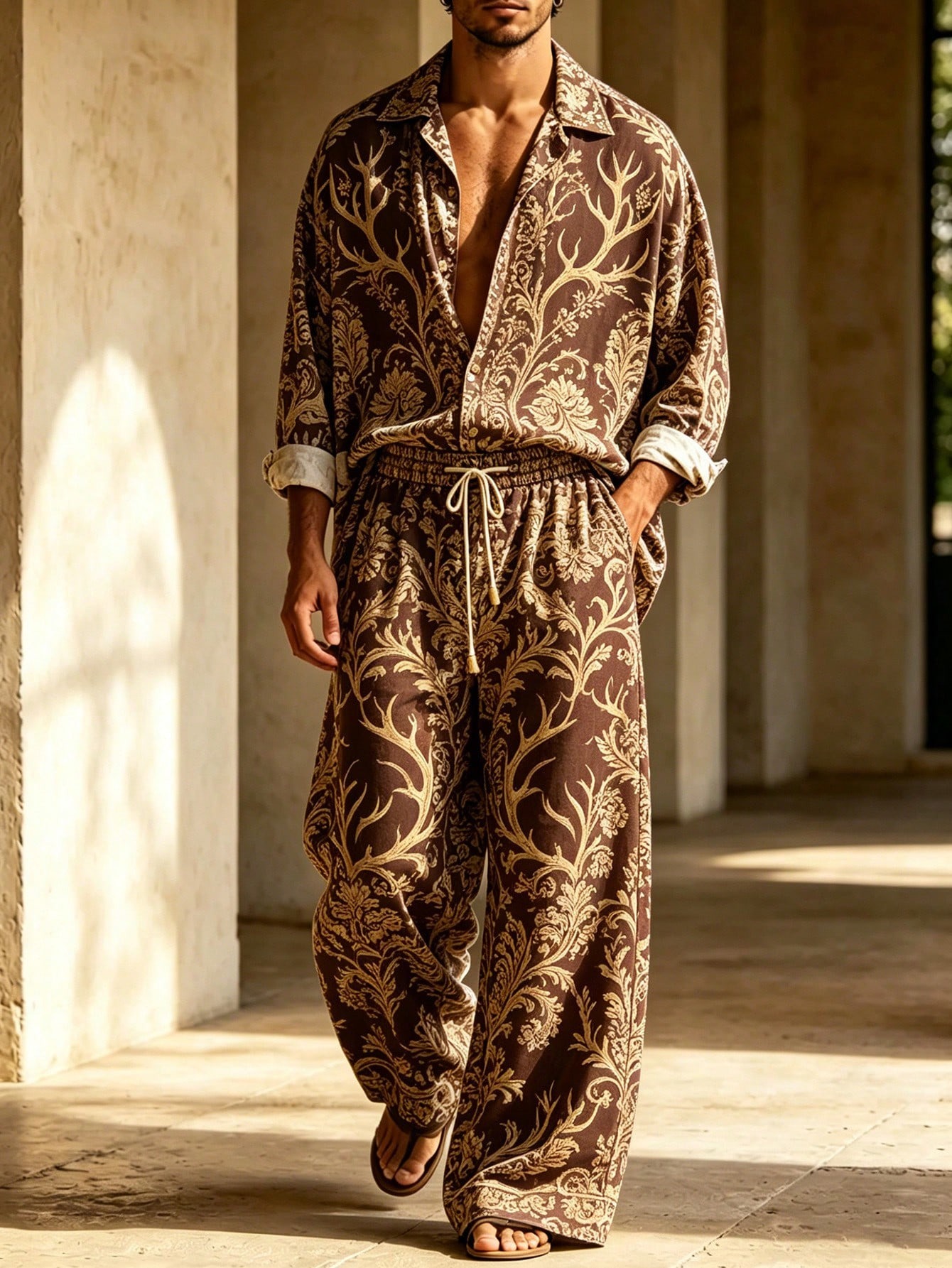 Men's Casual Loose Fit Collared Shirt And Drawstring Wide-Leg Pants Two-Piece Set