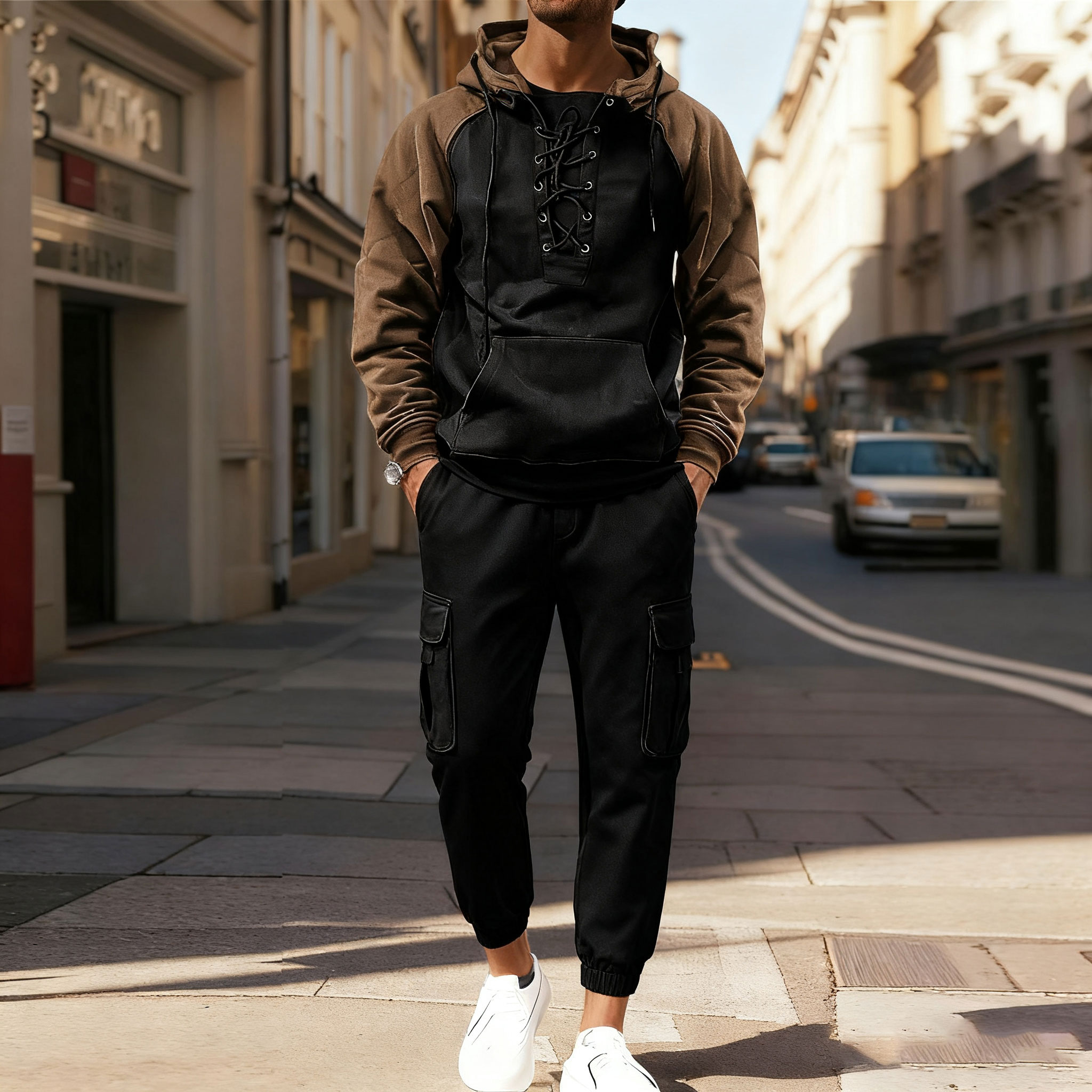 Men's Casual Color Matching Stand-Collar Zipper Long Sleeved Hoodies