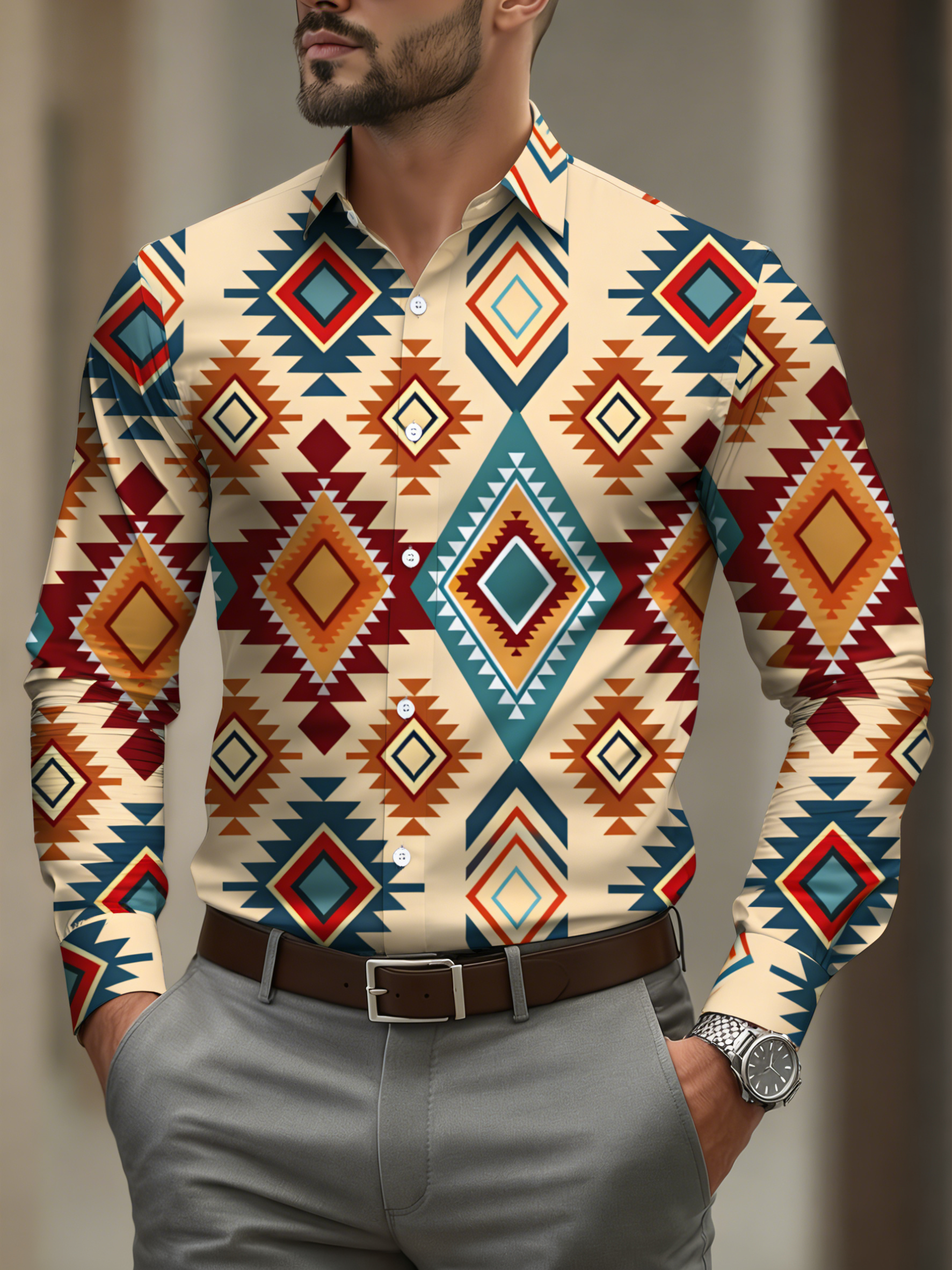 Men's Casual Tan & Multi Retro Style Print Long-Sleeve Shirt