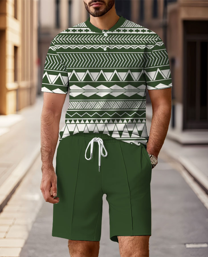 Men's Fashion Casual Round-Neck Geometric Printed Short-Sleeved Two-Piece Set