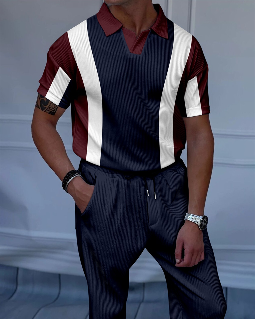 Men's Luxury Casual Textured Polo Short Sleeve Suit - 086