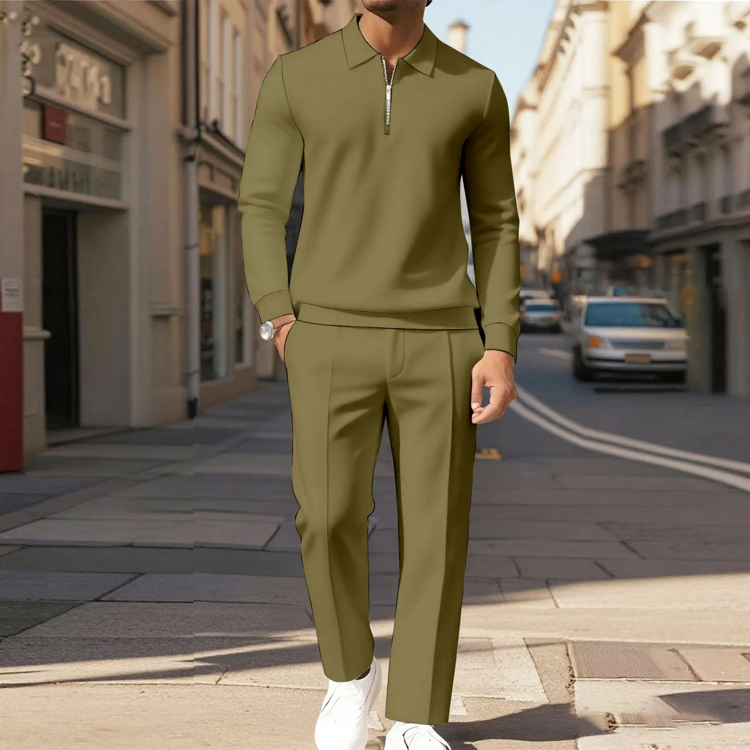 Men's Casual Solid Color Polo-Collar Zipper Long Sleeved Trousers Two-Piece Set 930