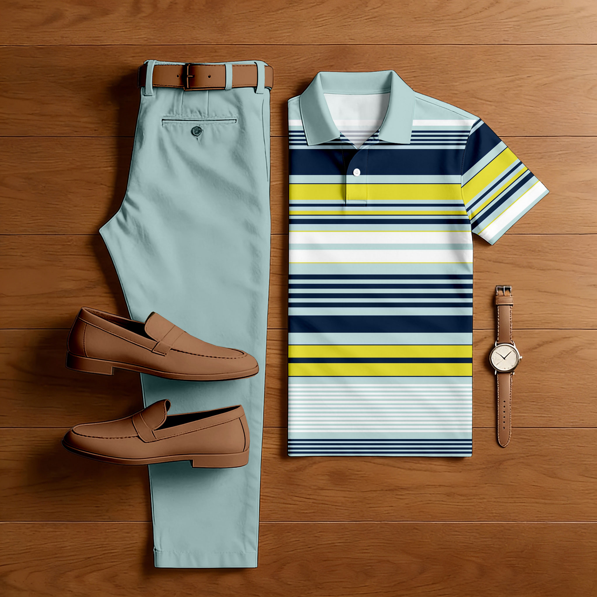 Men's Casual Green & Yellow Color Matching Striped Printed Short Sleeved Polo Shirt & Trousers Two-Piece Set