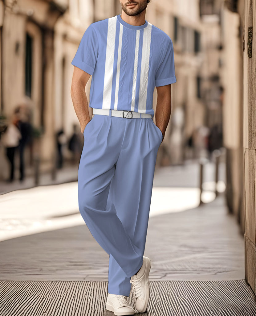 Men's Knitted Thread Flower Crew Neck Short Sleeve T-Shirt And Straight Leg Pants Set
