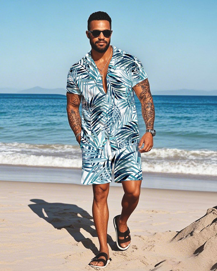 Men's Fashion Casual Lapel Collar Geometric Printed Short-Sleeved Two-Piece Set