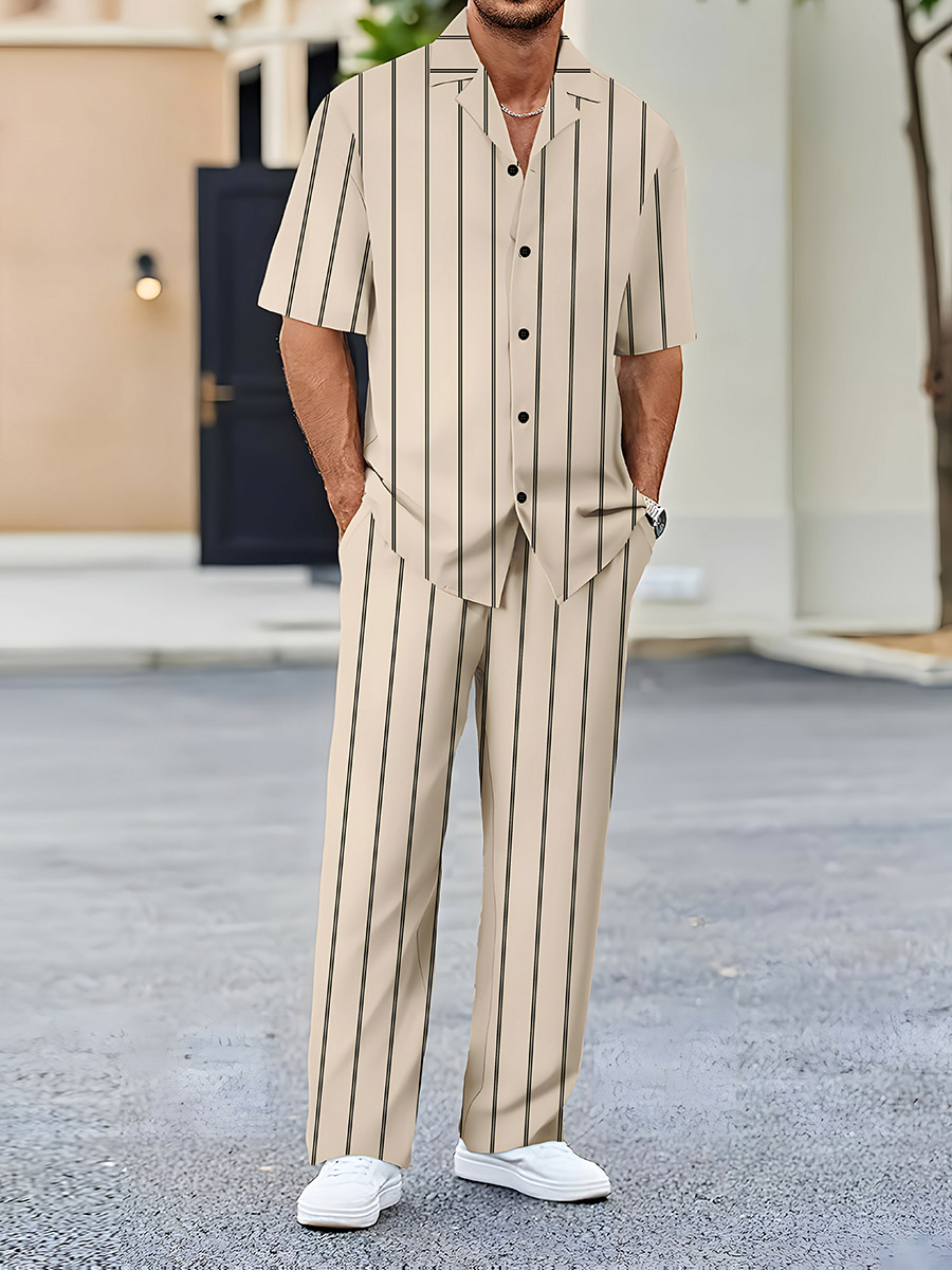 Men's Casual Color Matching Striped Printed Short Sleeved Shirt & Trousers Two Piece Set