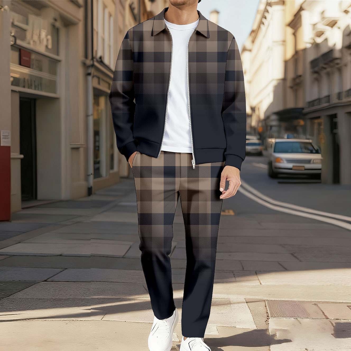 Men's Casual Color Matching Printed Polo-Collar Zipper Long Sleeved Trousers Two-Piece Set