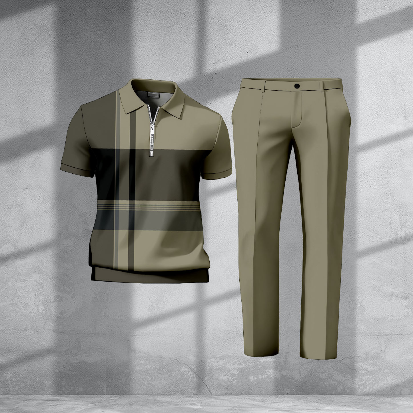 Men's Casual Army Green Color Matching Checkered Printed Zipper Short Sleeved Polo Shirt & Trousers Two-Piece Set