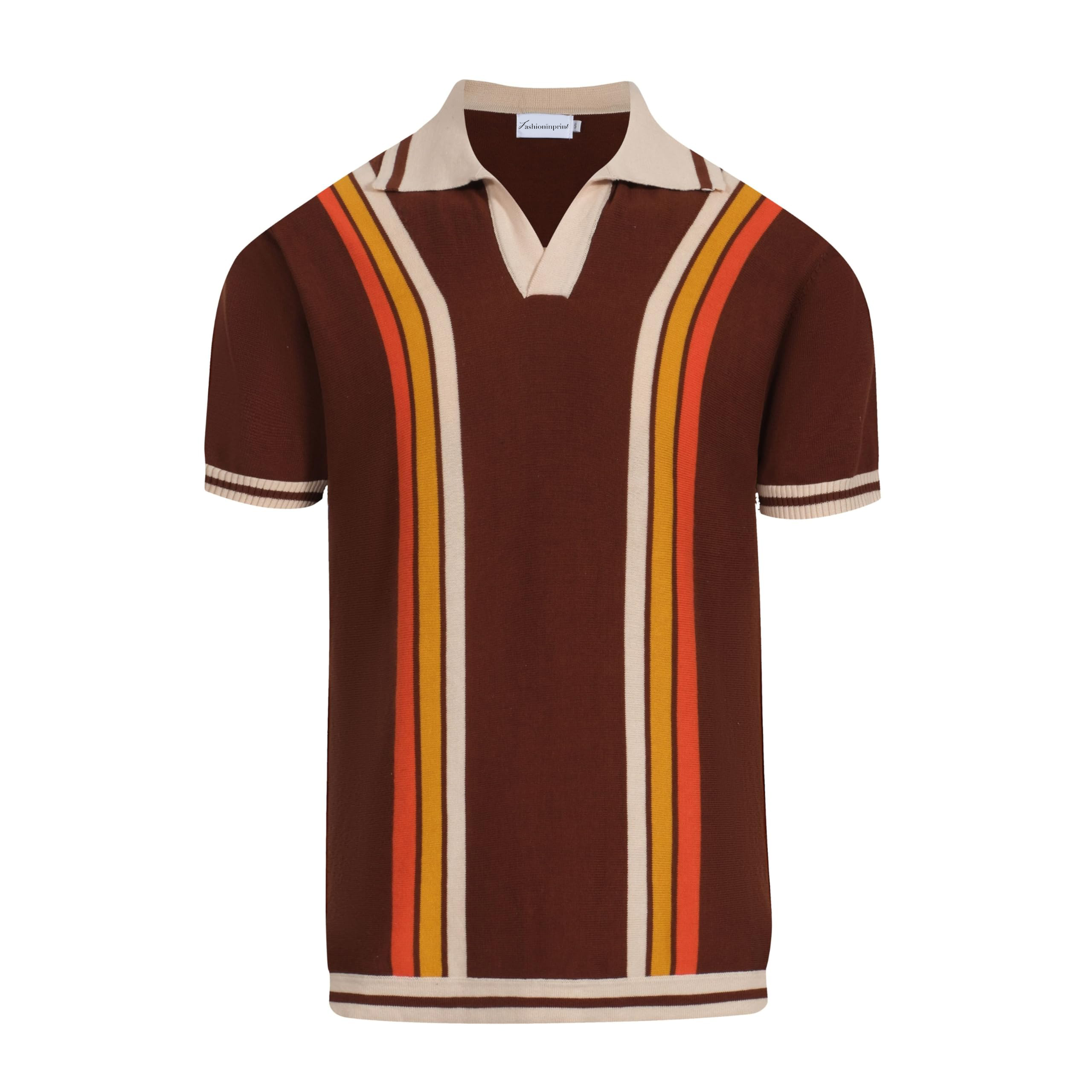 Men's Maroon & Orange Striped Printed Short Sleeve Polo Shirt