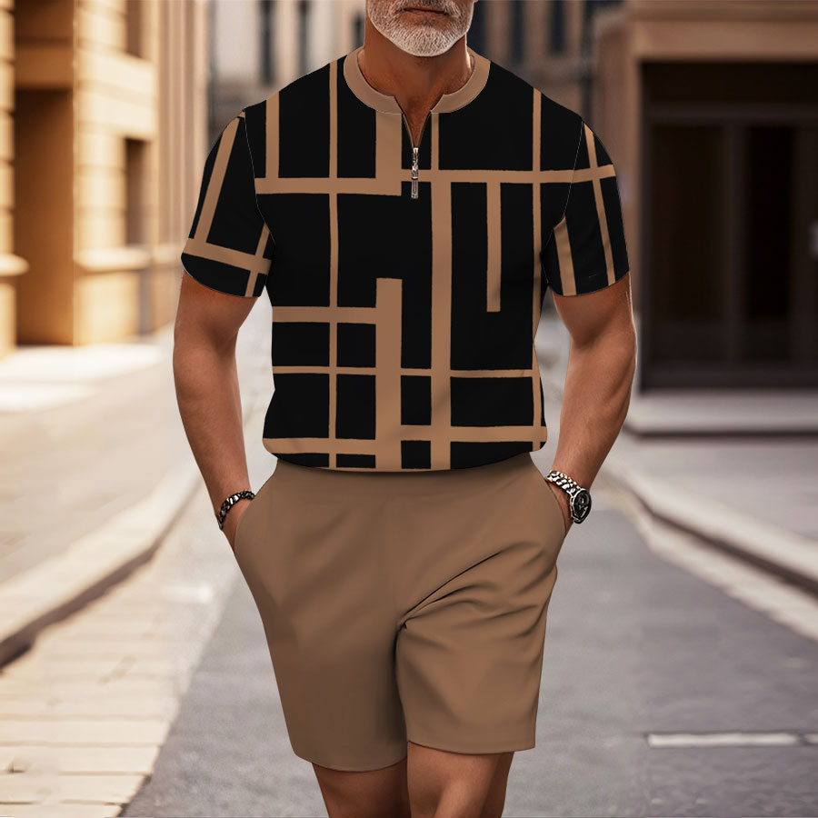 Men's Fashion Casual Round-Neck Zipper Geometric Printed Short-Sleeved Two-Piece Set 9129
