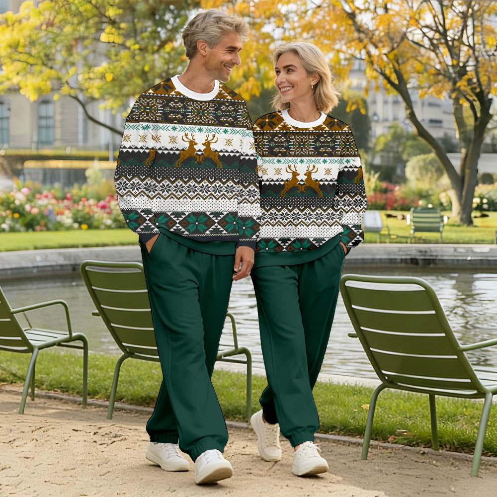 Valentine's Day Green & White Color Matching Vintage Printed Long Sleeved Sweatshirt & Sweatpant Two-Piece Set